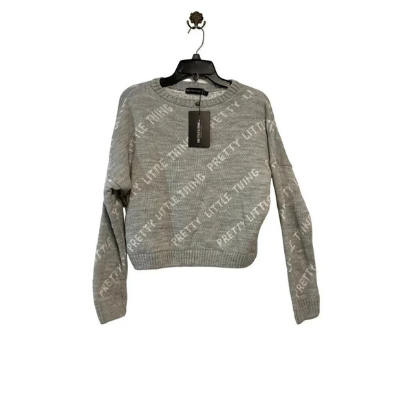 NEW PrettyLittleThing Women Small Knit Sweater Gray with Logo - Picture 1 of 8